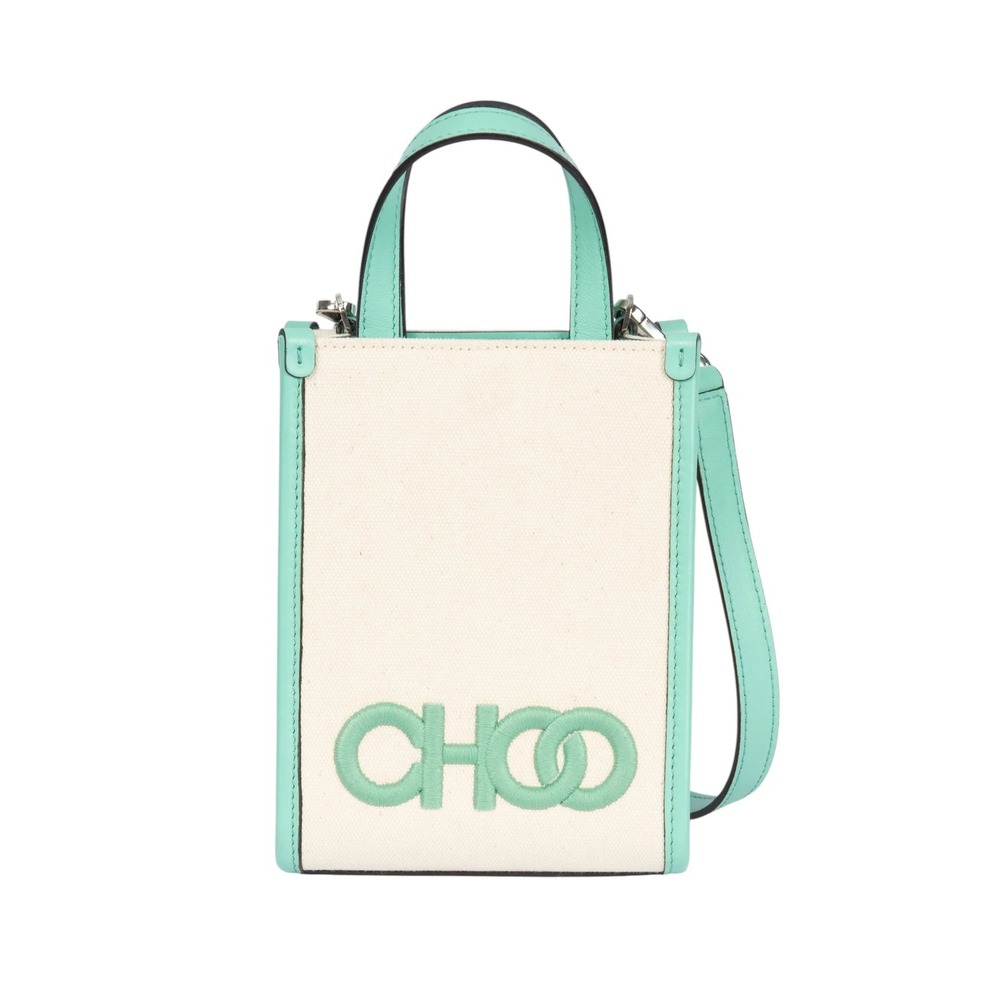 NWT Jimmy Choo Canvas Leather Ecru Antique Jade Embroidered Choo Mini Tote Bag